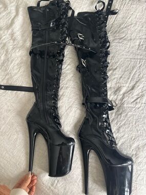 Pleaser Black Patent Over-The-Knee Platform Lace-Up Boots